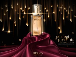 Luxury Skin Toner Ads, Premium Glass Bottle Or Perfume On Scarlet Satin Isolated On Bokeh Light Bulb Background In 3d Illustration