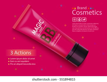 Luxury skin toner, bb cream or peeling scrub contained in tube, pink background. Cosmetic and organic makeup concept. Vector illustration