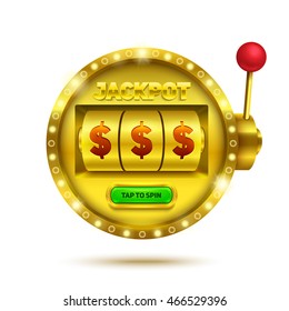 Luxury slot machine illustration. Golden slot machine with arm. 777 gambling game ui. Eps10 vector illustration.