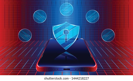 luxury smart security shield protect mobile phone concept. design with plaid industry colorful background style. vector illustration eps10