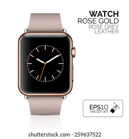 Luxury Smart watch isolated on white. Rose gold smart watch. Vector smart watch shows time. iWatch reflected on white background. Clock on smart watch with rose grey leather bracelet. 