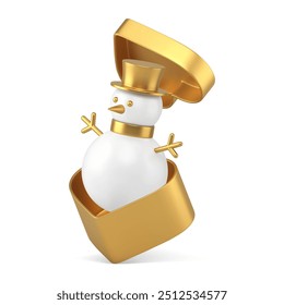 Luxury snowman Christmas toy in open gift box heart shape 3d icon realistic vector illustration. Golden present flying souvenir for Xmas New Year winter traditional holiday celebrate congratulations