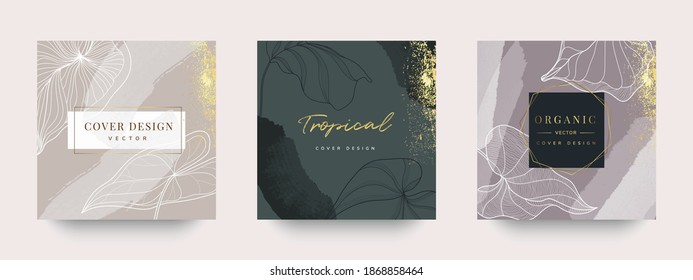 Luxury Social media stories and post template vector set. Tropical and botanical warm earth tone square cover background collection.