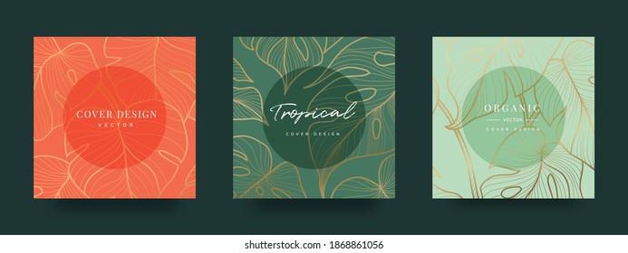 Luxury Social media stories and post template vector set. Tropical and botanical warm earth tone square cover background collection.