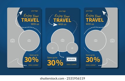 luxury social media story or reels template for travel holiday tourism marketing and sale promo. tour advertising banner in blue and yellow