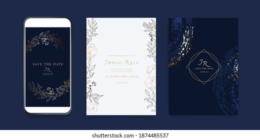 Luxury Social Media Wedding invite frame templates. Vector background. Mockup for social media banner. mobile Floral golden collage layout design.