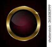 A Luxury sophisticated round button with a deep maroon center, encased in a shining gold rim. Vector 3D realistic shiny symbol illustration