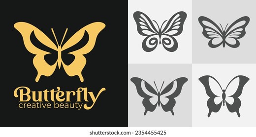 El lujoso Spa Retreat en medio de la naturaleza: Colección de conjuntos de silueta de mariposa en diseño de logotipo minimalista que evoca belleza y elegancia