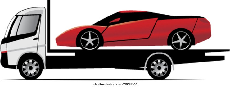 Luxury sports car red color fitted on a truck board, isolated on a white background. Transportation service. Vector illustration