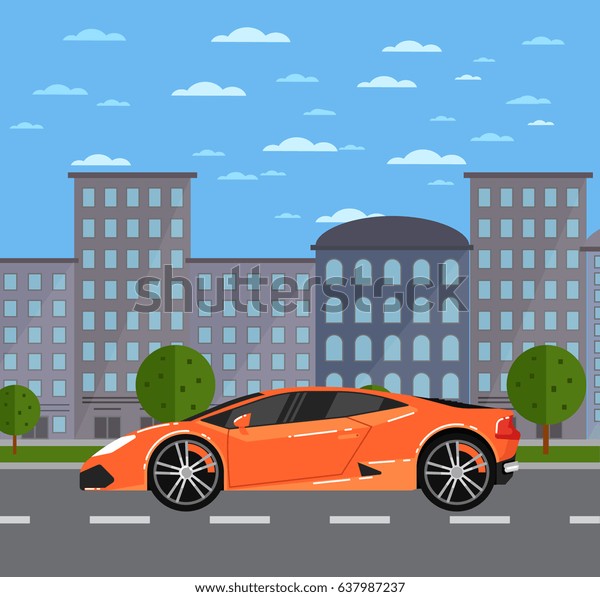 Luxury sports car in urban landscape. Exotic\
supercar, modern auto vehicle, people transportation concept. City\
street road traffic vector illustration, cityscape background with\
skyscrapers.