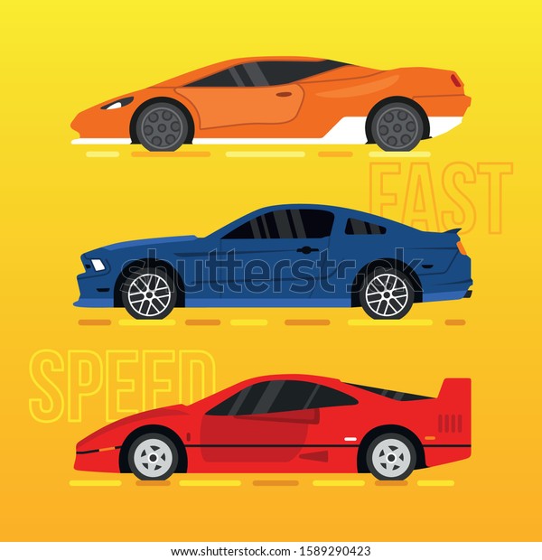 Luxury sports cars, performance cars, designed for
speed, speed cars, super cars, race, grand: flat vector
illustration set