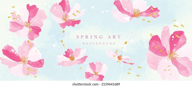 Luxury Spring Floral Watercolor Background. Blossom Line Art Wallpaper With Pink Flowers And Gold Glitters. Summer Floral On Green Watercolor Design Illustration For Prints, Banner, Backdrop.