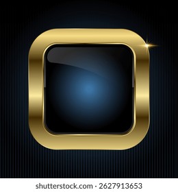 A Luxury square button features a glossy black center with a radiant blue glow, encased in a smooth gold frame, illustration button design