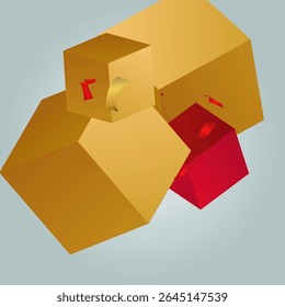 Luxo Quadrado Falling Party Vetor Cinza Fundo. Design Isométrico de Mosca de Forma 3d. Banner de volume em bloco dourado e vermelho. Ilustração Geométrica De Caixa De Arte.