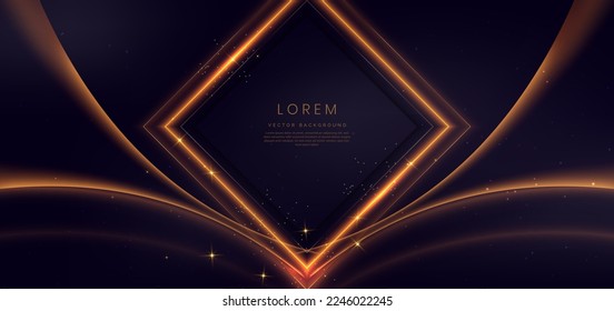 Lujoso marco cuadrado de brillo dorado que resplandece sobre fondo morado oscuro con efecto de iluminación brillante. Diseño de la ceremonia de entrega de premios premium de plantilla. Ilustración del vector