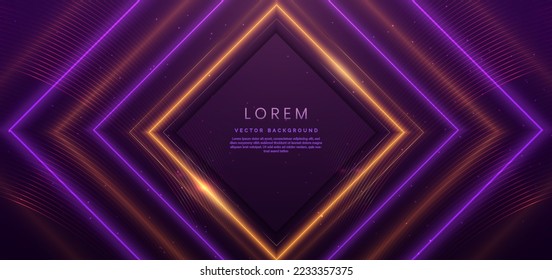 Luxury square frame golden and purple glitter effect glowing on dark purple background with lighting effect sparkle. Template premium award ceremony design. Vector illustration