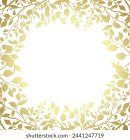 Luxury square frame with silhouettes of golden branches and leaves. Foliage Border. Abstract floral background. Vector illustration