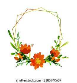 Luxury square vector banner with orange and yellow crocuses, gerbera, leaves, frame. Premium template for covers, invitations, congratulations, promotions, promotions, discounts, etc.