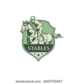Luxury stables logo. Green stable badge and emblem. Elegant shield for horse. Horses power. Horse racing icon. Unique horse stable or horse farm logo. Design illustration of racehorse with jockey.