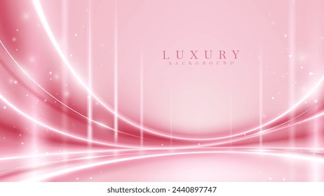 Luxury stage background featuring soft pink hues, radiant light lines, and sparkling effects that create a dreamy and romantic atmosphere.