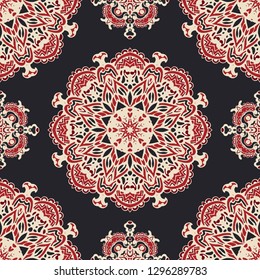 Luxury star Damask seamless tiled motif pattern. Black and red damask luxury Medallion design.