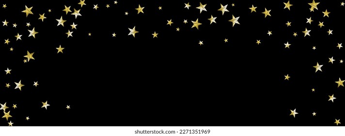 Luxury Star Vector Black Panoramic Background. Celebrate Twinkle Glow Design. Shine Vector Black Panoramic Background Pattern. Gold Cosmos Confetti Template.