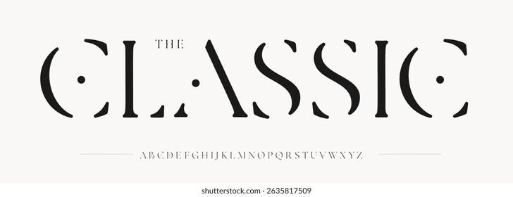 Alfabeto de estêncil de luxo, letras serif premium, fonte vintage clássica com sensação de contraste artístico, logotipo de marca elegante, manchete de casamento haute, identidade tipográfica de moda. Tipo de vetor.