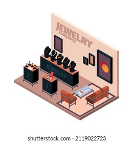 Luxury stores. Jewelry shop with glass transparent shelves for glamour treasures colored gem golden rings and platinum bracelets garish vector isometric interior