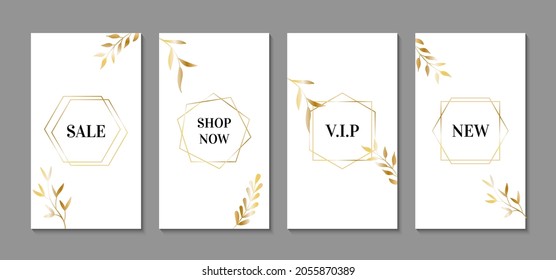 Luxury stories templates for social media highlights. Golden leaves and frames with text on a white background
