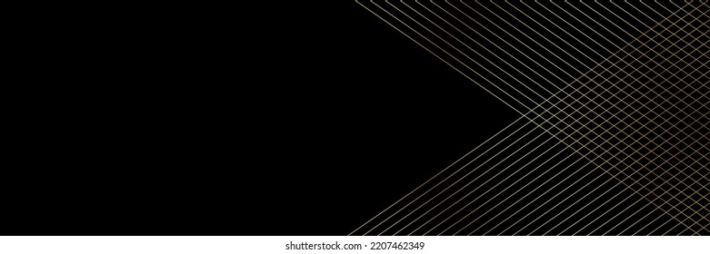 Las tiras de lujo brillantes líneas doradas se solapan diagonales en el fondo negro con espacio de copia para el texto. Fondo abstracto minimalista de prima oscura con elemento geométrico degradado. Plantilla panorámica horizontal