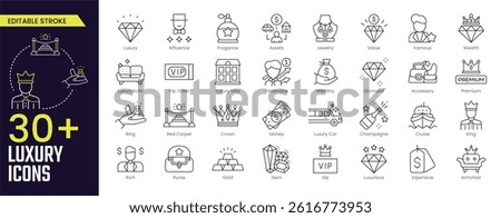 Luxury Stroke icon collections. Containing Luxury, Affluence, Vip Ticket, Value, Jewelry, Famous, King, Premium, Luxurious, Vip, and Gold icons. Editable Stroke icon collection Outline icon