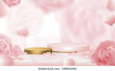 Habitación de estudio con pantalla de podio Gold Cylinder con fondo de rosa inglés borroso, podio vector 3D sobre flor borrosa de primavera, banner de fondo color pastel rosa dulce para productos cosmáticos o de spa 