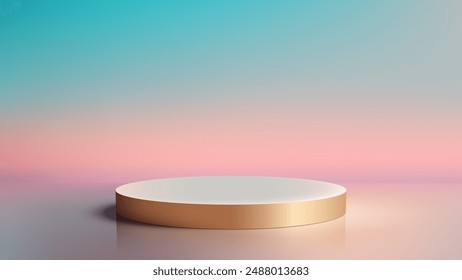 Luxury Style 3D Gold Rim White Circle Podium on Gradient Pink and Blue Sky Background Perfect for Nature Concept Product Display Mockup Showroom Showcase