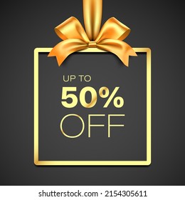 Luxury style 50 percent discount gift card vector design. Premium golden giftbox frame with satin ribbon, on black background.