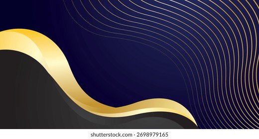 Luxury style abstract background combination of dark blue and black with gold wave accents and thin wavy lines