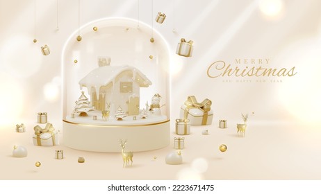 Luxury style background with 3d realistic christmas ornaments in glass bottle on podium with snow elements and glitter light effect decorations and bokeh. Vector illustration.