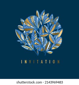 Luxury style blue and gold tropical invitation template. Vector abstract exotic foliage element. Elegant decorative nature grass and leaves pattern.