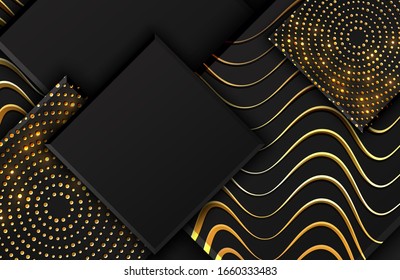 Luxury style design. Abstract geometric background with shimmering glitter pattern and wavy lines texture on black square shape. Composition with rectangle shapes. Abstract luxury background template