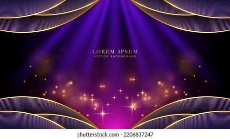 Luxury style design background with gold curve, golden lines, blue rays sparkle glowing effect, and glitter light decoration. Vector illustration