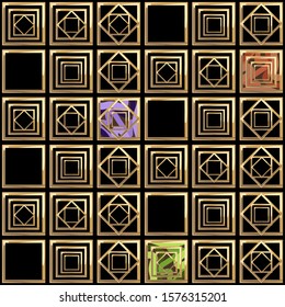 Luxury style geometric vector seamless pattern. Different patterned gold squares on black background. Design element for wrapping, card, carton, banner, ceramic tiles, glass mosaic.