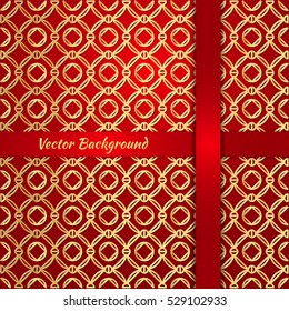 Luxury Style Gold Pattern with Elegant Red Satin Ribbons, Abstract Vector Background