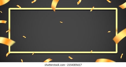 Luxury style golden frame with flying confetti on a black background, gift card vector design.
