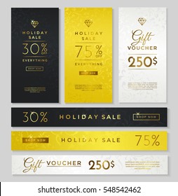 Luxury Style Holiday Sale Banner, Gift Voucher, Black, Gold And Silver