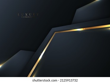Luxury style template abstract 3D blue geometric shapes and golden stripes line with shiny lighting effect on dark blue background. Vector illustration