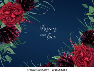 Luxury, stylish floral watercolor style  wedding invitation, greeting, banner design. Stylish burgundy dahlias, red Rose flowers, greenery eucalyptus leaves wreath frame. Editable, vector illustration