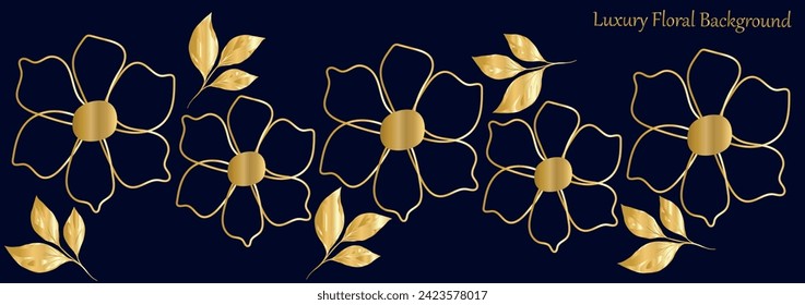 Luxury summer flower background vector. Elegant gradient gold floral line art, flowers on dark background. Oriental design for wedding invitation, cover, print, decoration, template. 