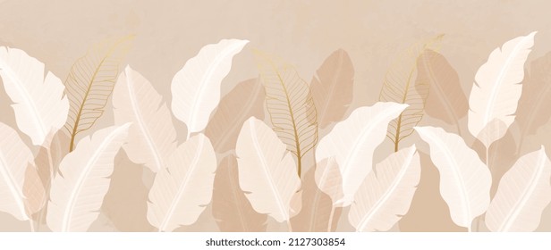 Luxury summer jungle background. Botanical exotic forest with tropical leaves and branches in warm tone and gold line art style. Watercolor texture design for banner, wall art and poster.