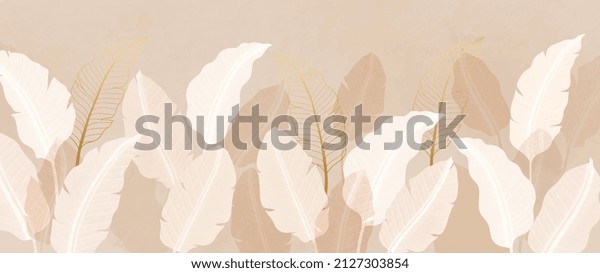 Luxury summer jungle background. Botanical exotic forest with tropical leaves and branches in warm tone and gold line art style. Watercolor texture design for wall art.