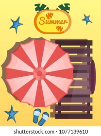 Luxury summer time weekend vacation holiday beach happy sea poster flyer. Modern flat vector illustration icon. Surfing, fruit, umbrella, fan, sea stars, male, tropical palm leaves, lounger on sand