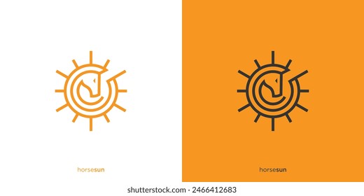 Luxus Sun Horse Logo Design Vorlage. Pferdekopf und Sonne mit Line Art Outline Style Vektorillustration.